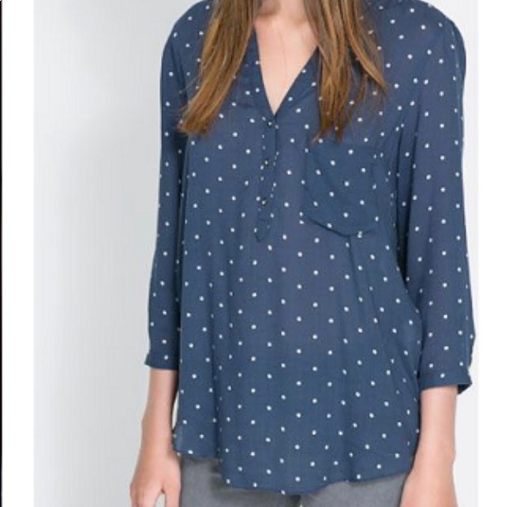 Zara blue with white polka dot blouse